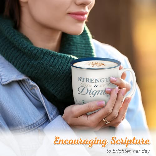 Christian Art Gifts Large Ceramic Inspirational Scripture Coffee & Tea Mug for Women: Strength & Dignity Encouraging Golden Bible Verse, Non-toxic Lead/Cadmium-free Cup, White & Blue Floral, 14 oz. - color: Blue/Strength & Dignity