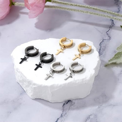 Cupimatch 3-6 Pairs Stainless Steel Cross Dangle Huggie Hinged Hoop Earrings for Men Women (1 Pair Silver Cross) for Mother's Day - color: hoop-gold