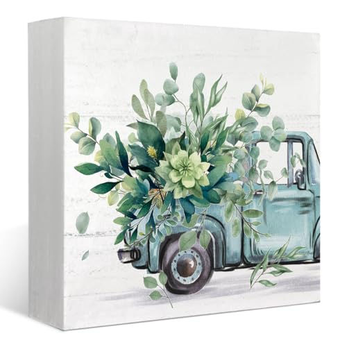 Farmhouse Spring Eucalyptus Leaves Wooden Box Sign Decor, Botanical Truck Wooden Block Plaque Sign Decoration for Shelf Table Farmhouse Tiered Tray Decor, 5x5 - color: 1-Sage Green Eucalyptus Truck(burlywood)