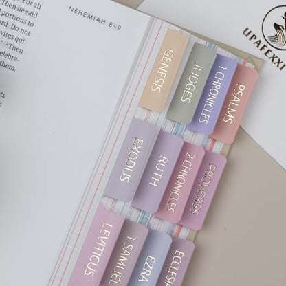 UPAFEXXI-Bible Tabs with Book Summaries,3D Gold Foil Embossed Lettering - color: Macaron