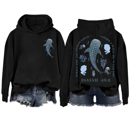 Whale Shark Hoodie & Sweatshirt When You Go Through Deep Waters Shirt Christian Bible Verse Isaiah 43 2 Shirt - color: Black, size: 3X-Large