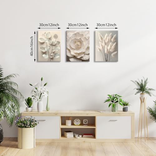 WENGTIAO 3Pcs Beige Floral Botanical Frame Canvas Wall Art 12"x16"x3 - color: Flower-White botanical, size: 12"x16"x3Pcs