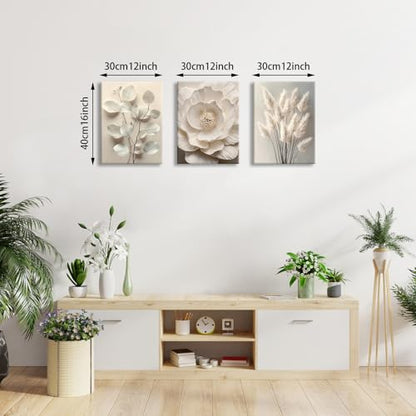 WENGTIAO 3Pcs Beige Floral Botanical Frame Canvas Wall Art 12"x16"x3 - color: Flower-White botanical, size: 12"x16"x3Pcs