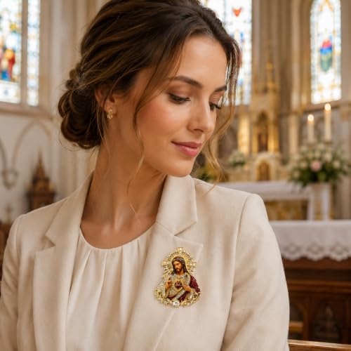 Sacred Heart of Jesus Brooch Pin, Virgin Mary Pin Catholic Sacred Heart Home Altar Church Baptism Religious Inspirational Jewelry Gift - color: Gold Red God