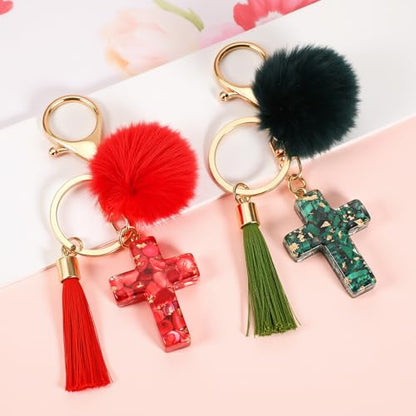MWOOT 2PCS Cross Keychains for Women, Christian Keyring Tassels Plush, Resin Jesus Key Chain, Bag Charm Car Accessories - color: Red+green