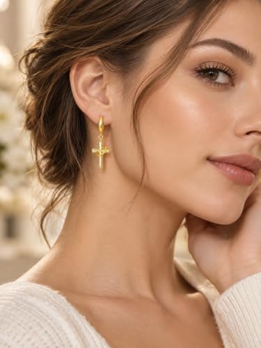 Cross Earrings 925 Sterling Silver Cross Dangle Earrings Christianity Jewelry Gift for Men Women - style: Ring Cross-Gold