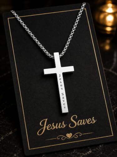 Engraved Cross Necklace for Men, Women & Boys & Girls Cross Necklace, Stainless Steel Cross Pendant Necklace, Faith & Inspiration Christian Jewelry Gift - color: Jesus Saves