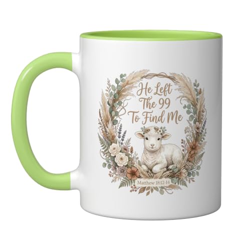 He Left the 99 to Find Me Christian Lamb Bible Verse Matthew Ceramic Mug, Light Green/White, 11oz - color: Light Green/White, size: 11 Ounces