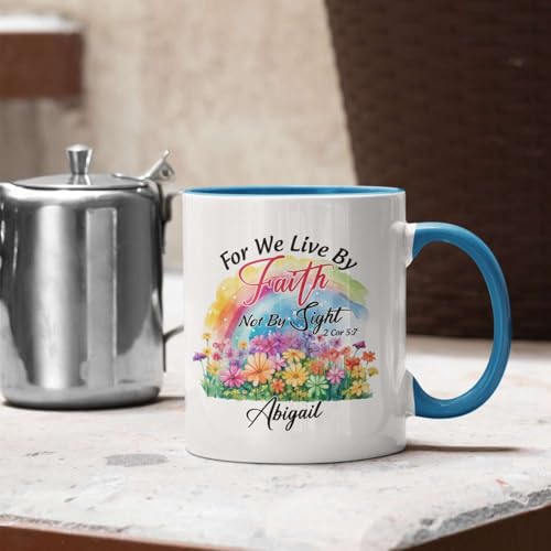 Novelty Christian Themed Mug, Customized Name Rainbow And Flowers Design Cup, Custom Christian Bible Verse Cup, Personalized Christian Mug For Adult, Religious Cup 11Oz Or 15Oz - color: TRI-1223-1152-FOR WE LIVE BY FAITH MUG