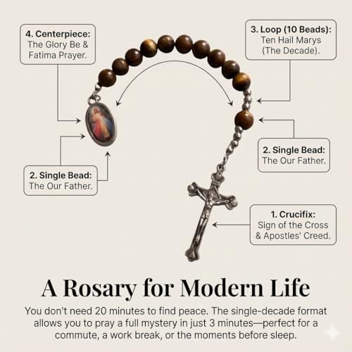Catholic Pocket Rosary Decade – Natural Tiger Eye Stone Prayer Beads with Divine Mercy Medal & Metal Crucifix, Christian Pocket Rosary for Daily Prayer, Travel & Gifts