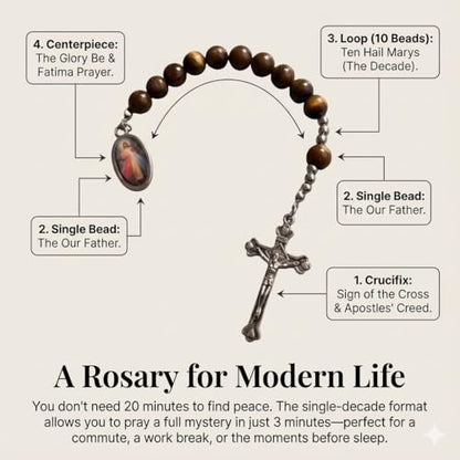 Catholic Pocket Rosary Decade – Natural Tiger Eye Stone Prayer Beads with Divine Mercy Medal & Metal Crucifix, Christian Pocket Rosary for Daily Prayer, Travel & Gifts