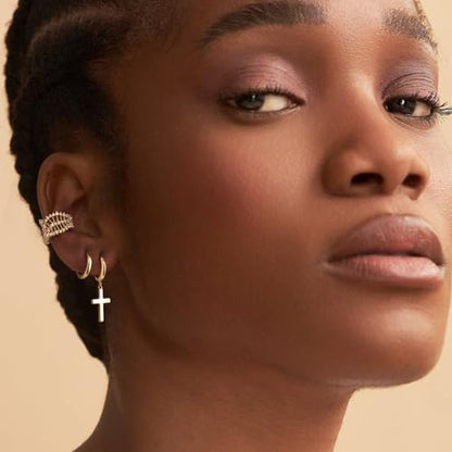 MYEARS Women Earrings Gold Huggie Hoop Dangle Drop 14K Gold Plated Small Simple Hypoallergenic Everyday Jewelry - style: Cross