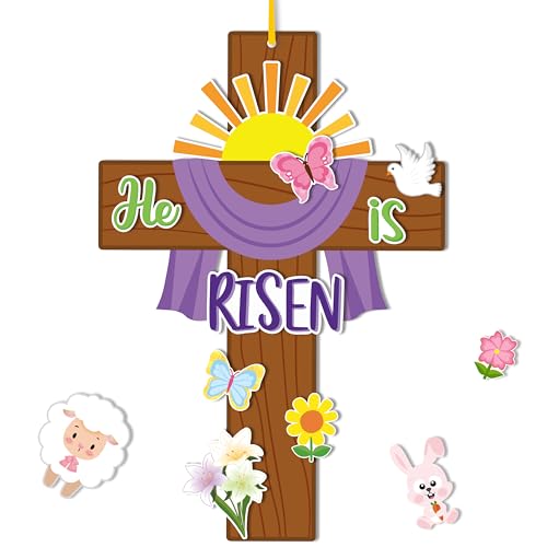 Haooryx Easter He is Risen Cross Craft Kit - 28 Pack Make Your Own Jesus Resurrection Cross Hanging Ornaments Thankful Craft for Church Sunday School Classroom Christian Easter Day Party Supply - style: He is Risen Cross