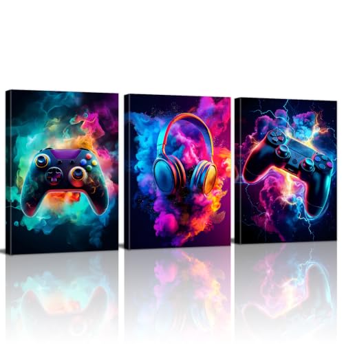 WENGTIAO 3Pcs Neon Gamepad Headphones Canvas Wall Art Prints 16"x24" - color: Cool Game Controller, size: 16"x24"x3Pcs