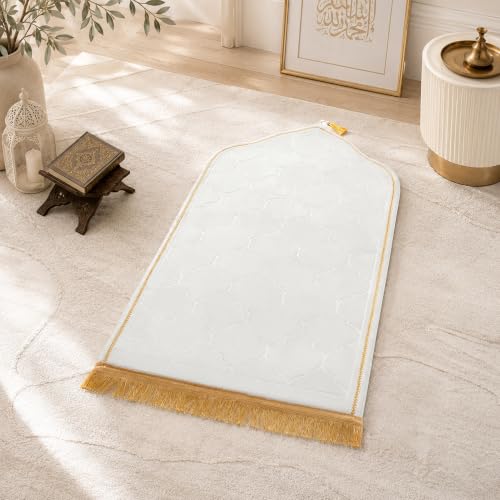 Prayer Rug Muslim Prayer Mat Islamic - Thick Prayer Rug Sajadah for Men Women with Islam Prayer Beads, Soft and Luxury (25.6" x 43.3", White) - color: White