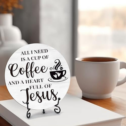 Coffee Bar Sign, Round Wood Plaque, 6 Inches, Black, Rustic, Religious, Tabletop, Wood - color: White