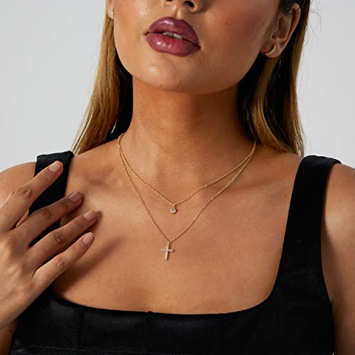 VIROMY Gold Cross Necklace for Women 14K Gold Plated Cute Sidways Cross Pendant Choker Necklaces Simple Trendy Everyday Jewelry for Women - style: Layered CZ Cross Necklace-38/44-Gold