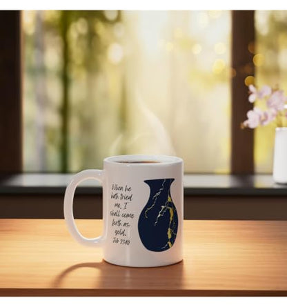 Bible Verse Jesus Christ Kintsugi Vase Gold Job Christian Ceramic Mug, White, 11oz - color: White, size: 11 Ounces