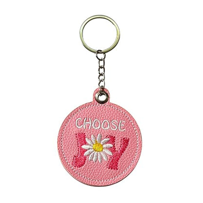 Handmade Jesus Keychain Pink PU Leather Embroidered Inspirational Quote Bag Charm, Christian Faith Keychain - color: Choose Joy