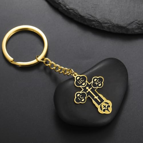 TEAMER Cross Keychain Russian Orthodox Crucifix Eastern Church Keychain Religious Christian Prayer Jewelry for Men Women - color: Black Gold