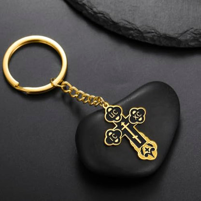 TEAMER Cross Keychain Russian Orthodox Crucifix Eastern Church Keychain Religious Christian Prayer Jewelry for Men Women - color: Black Gold