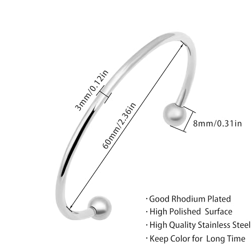 Stainless Steel Simple Cuff Bangle Bracelets for Women Gold/Silver/Rose Gold Plated Torque Bangles 3mm Stacking Open Cuff Bangles 2 Pcs/lot Gifts Jewelry for Women Men (Inner=60mm) - color: Steel tone, size: Inner Dia=60mm