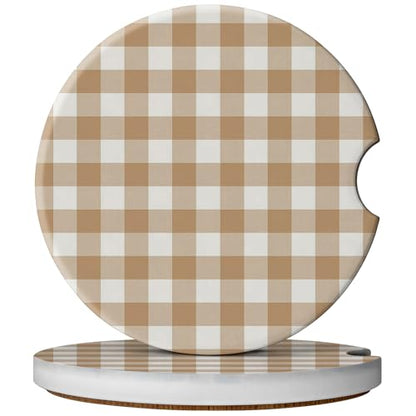 2 Pack Car Coasters for Cup Holders, Cute Car Accessories Interior (Grid-Brown White) - color: Grid-brown White