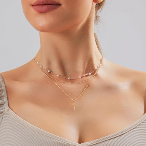 LULII Cross Necklace for Women Dainty 14K Gold Silver Plated Small Cross Pendant Choker Simple Cute Cross Gold Necklace for Women Trendy Faith Jewelry Gift - color: 3Layer Cross Pearl-Gold
