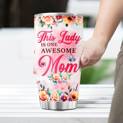 Lady Mom Butterfly, Mothers Funny Coffee Floral Day Flower Handle Tumblers Mama Cups Mother For Women Insulated, Tumbler 20 Oz With Lid And Straw, Mom Gifts - color: Mom