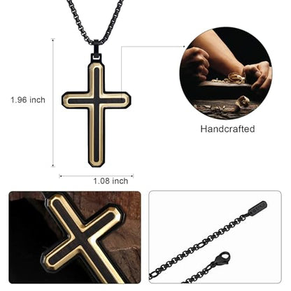 Wooden Cross Necklace for Men With Stainless steel And Black Ebony Adjustable Box Chain 24–26 inches Suitable for Everyday Wear And Christian Gifts for Men - color: Gold-D