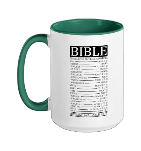 Bible Emergency Hotline Numbers | Christian Ceramic Mug, Dark Green/White, 15oz - color: Dark Green/White, size: 15 Ounces