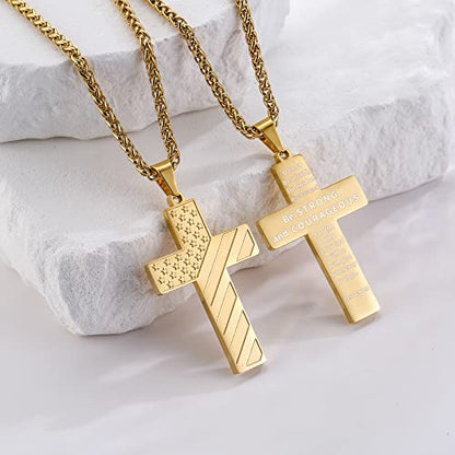DuoDiner 18+2" Cross Necklace for Men Boys Christian Confirmation Gifts - color: Gold, style: Joshua 1:9