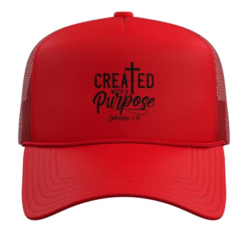 Created with a Destiny Ephesians 2 10 Bible Verses Trucker Hat with Adjustable Mesh Back - color: Red