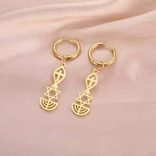 Messianic Seal Dangle Earrings Messianic Seal of Jerusalem Earrings Star of David,Ichthus with Cross,Menorah,Jewish Star Earrings Religious Hanukkah Jewelry Token of Prayer - color: gold2