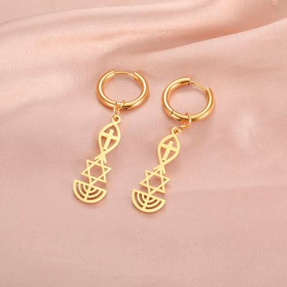 Messianic Seal Dangle Earrings Messianic Seal of Jerusalem Earrings Star of David,Ichthus with Cross,Menorah,Jewish Star Earrings Religious Hanukkah Jewelry Token of Prayer - color: gold2