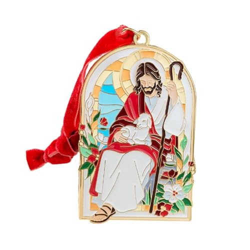 The Good Shepherd Enamel Christmas Ornament – Jesus with Lamb Design, Gold-Trimmed Stained-Glass Style, Red Velvet Hanging Ribbon, Christian Holiday Décor & Gift