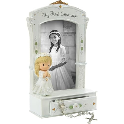 Precious Moments 252413 My First Communion Photo Frame with Storage Drawer and White Rosary, Resin and Glass Picture Frame, Holds 4 x 6 in Photo, Catholic Communion Gift