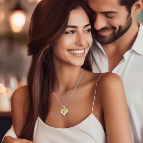 CDE Angel Wings Heart Birthstone Pendant Necklace Gift for Women - color: White-11-Yellow Birthstone