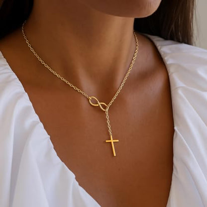 14K Gold Cross Necklace for Women Medium Infinity Dainty Crucifix Pendant Chain Necklace Minimalist Gold Chain - color: c4
