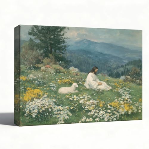RTVJTERQ Faith Based Wall Art, Jesus The Good Shepherd Resting With Lamb In Mountain Meadow Painting, Inspirational Religious Wall Decor for Living Room Bedroom Prayer Room 8x10 Inch - color: Patriotic 06