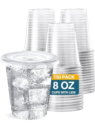 SHOPDAY 8 oz-Plastic-Cups-with-Lids - 150 Pack Disposable Clear Cup with Lids, Small Cup for Cold Drinks Smoothie Food, Coffee Cups with Lids - size: 150 Count (Pack of 1)