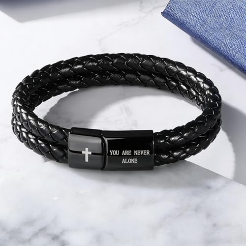 Christian Bracelet for Men, Bible Verse Leather Cross Gift for Men - color: A-Joshua 1:9 - with no card