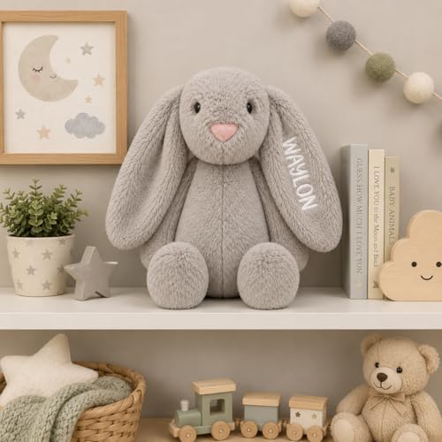 Personalized Embroidered Grey Stuffed Bunny, Infant Easter, Easter Gift Baby, Stuffed Rabbit, Baby Stuffed Animal, Stuffy, Bunny Plush, Newborn Toy, Plushies for Boys, Custom Plush (Grey Bunny) - color: Grey Bunny
