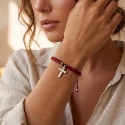 Christian Gifts for Women Men,Adjustable Religious Cross Brided String Faith Bracelet,Minimalism Catholic Baptism Accessories Jewelry Gifts Friendship - color: Red