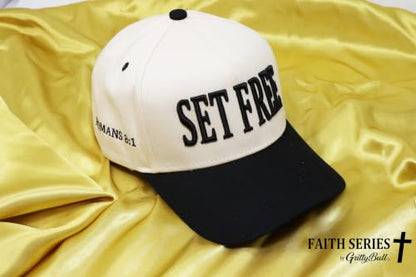 Faith Series 2-Tone Trucker Hat – Christian Faith-Based Cap with Bible Verse Detail - color: Set Free | Romans 8:1 | Black