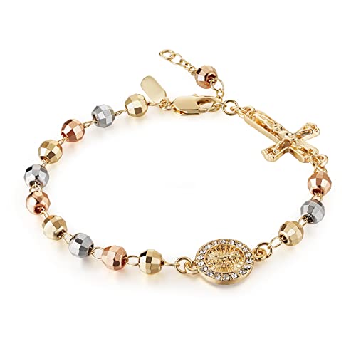 HZMAN Brass Virgin Mary Cross Rosary Bead Bracelet for Women - color: Crucifixed & Mary