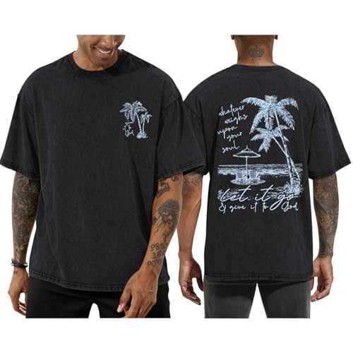 Christian Jesus Shirts for Men Hawaiian Beach T Shirts Vintage Bible Verse Faith Acid Wash Palm Trees Graphic Tees - color: Black, size: XX-Large