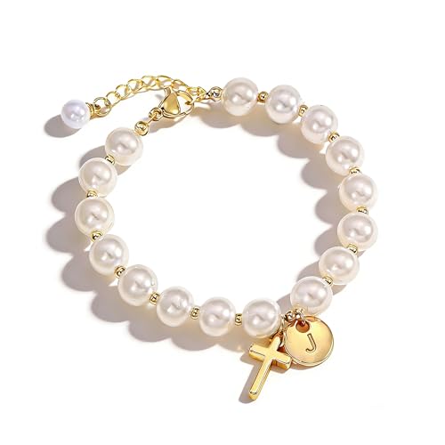 Cross Initial Bracelet Dainty Gold Cross Pearl Bracelet with Letter A-Z Christian Baptism Gifts Religious Faith Jewelry Stocking Stuffers for Teens - color: Gold J