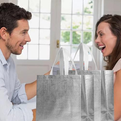 cabzymx 16 Pcs Glossy Silver Reusable Gift Bags, Metallic Bling Design Holiday Gift Bag with Handles & Bases, Non-woven Goodie Bags Bulk for Birthday, Wedding, Parties, Graduation- 12.6x4.7x11 In - color: Silver, size: 1 Count (Pack of 16)