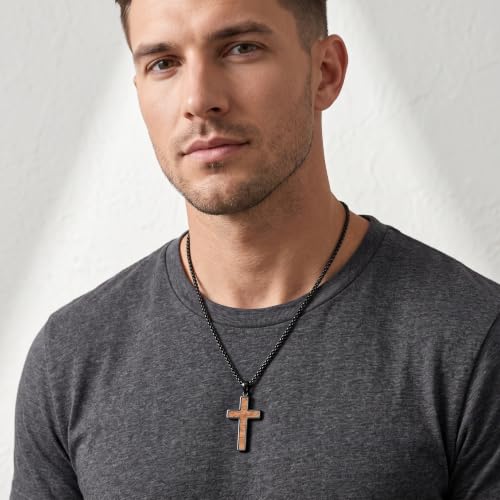 Cross Necklace for Men 925 Sterling Silver & Wood Cross Pendant with Stainless Steel Chain Cross Necklace for Men Women Christian Jewelry Gift - color: Cross-2